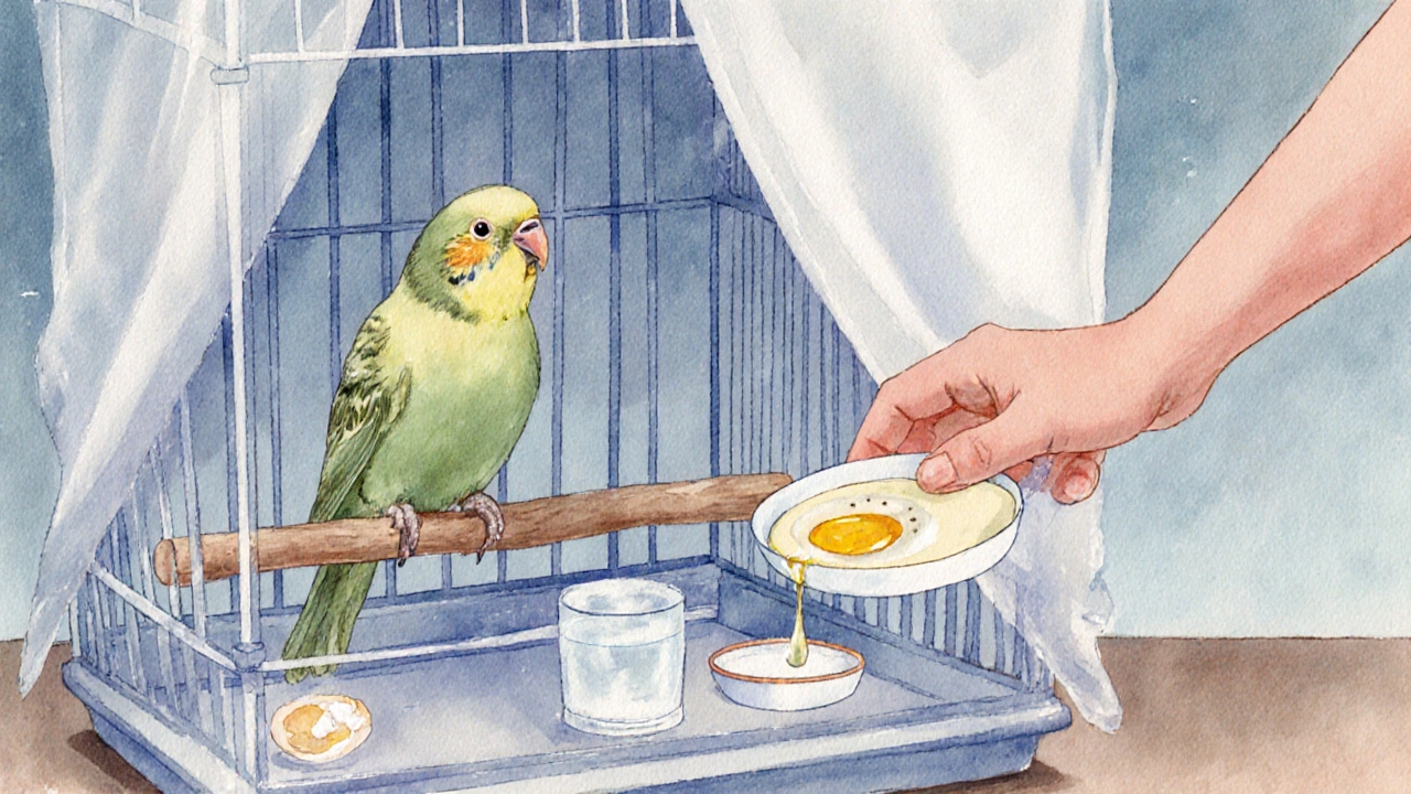 A dim room with a bird cage covered by cloth, bird receiving soft food and care.