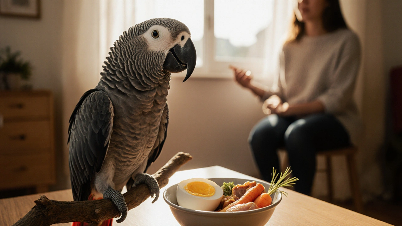 An African grey parrot showing new feather growth next to nutritious foods.
