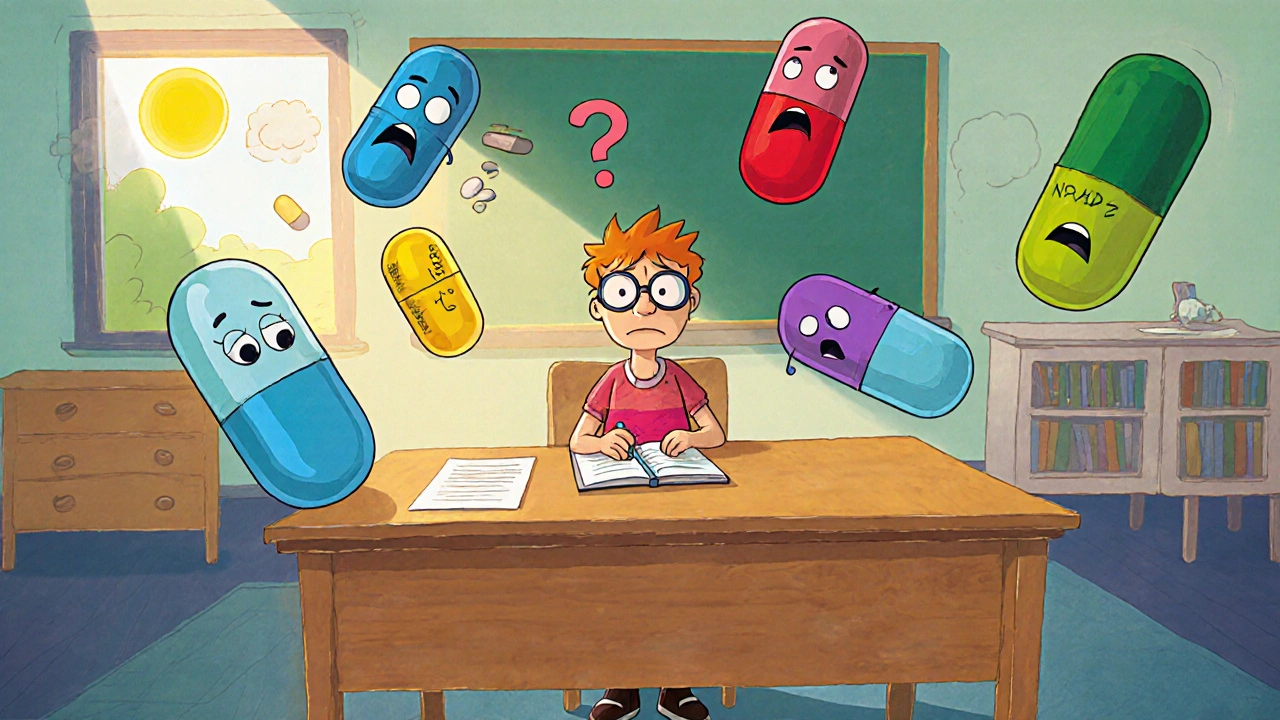 Animated pill characters representing highârisk drugs hover around a confused senior in a cartoon classroom.