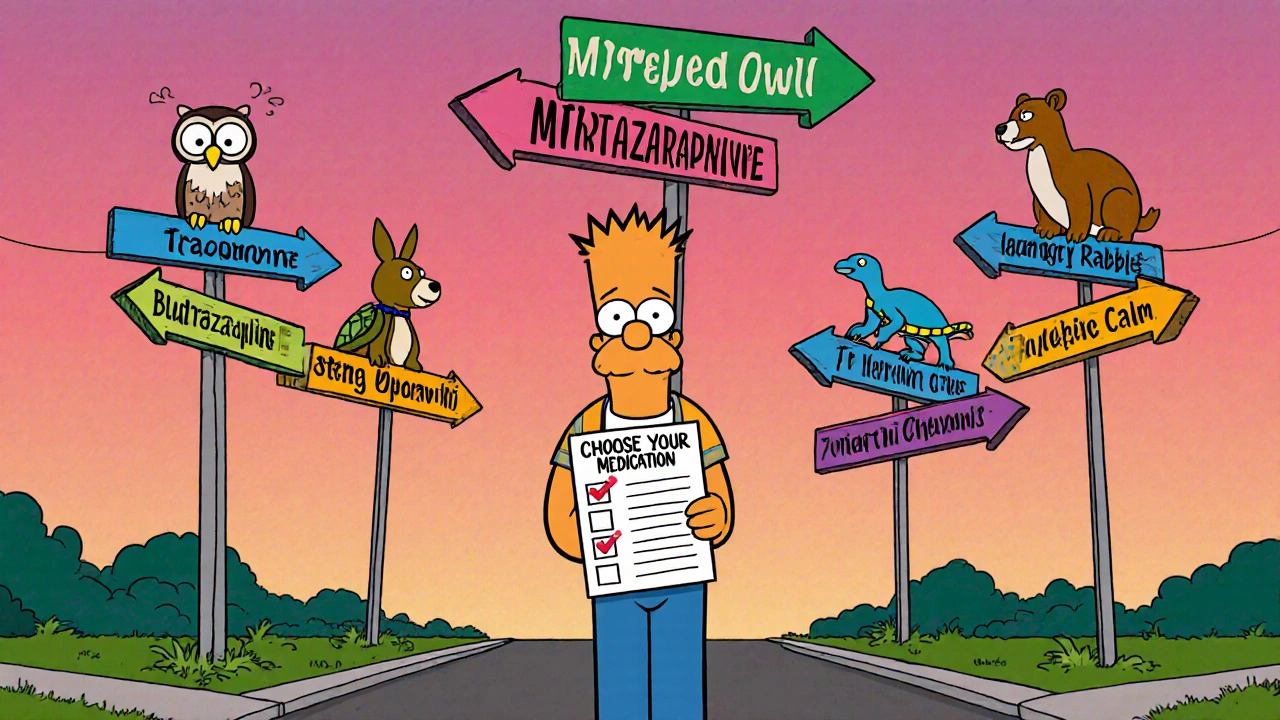 Cartoon adult at a crossroads with signposts, each topped by a pill mascot for different medications.