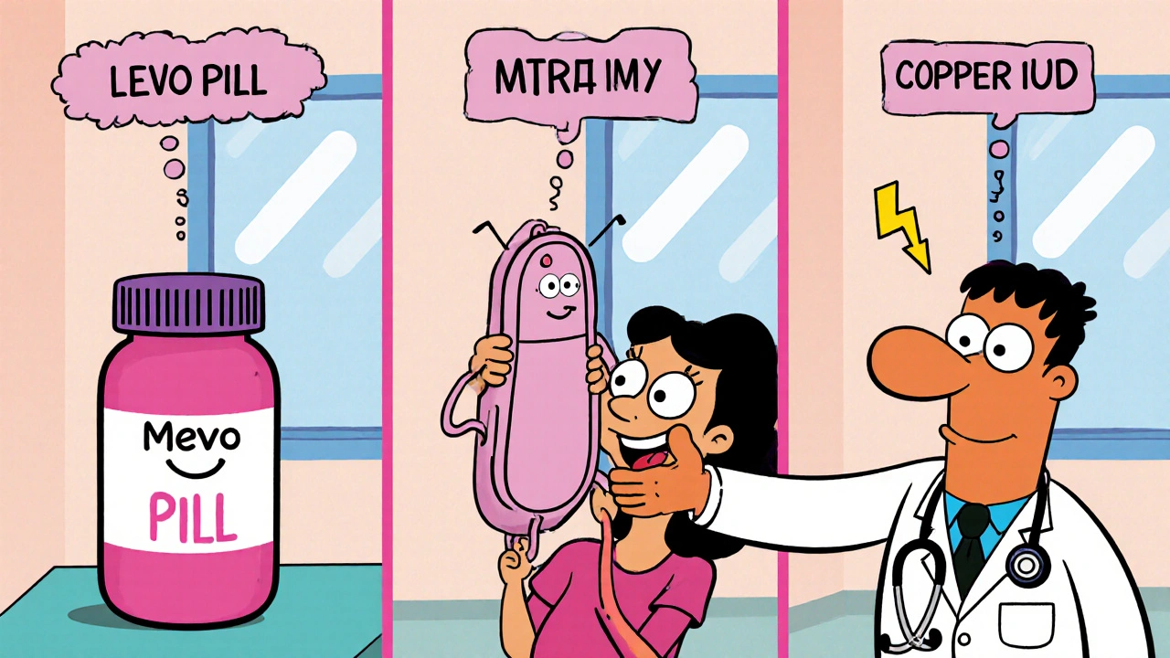 Cartoon comparison of a levonorgestrel pill, hormonal IUD, and copper IUD with effectiveness captions.