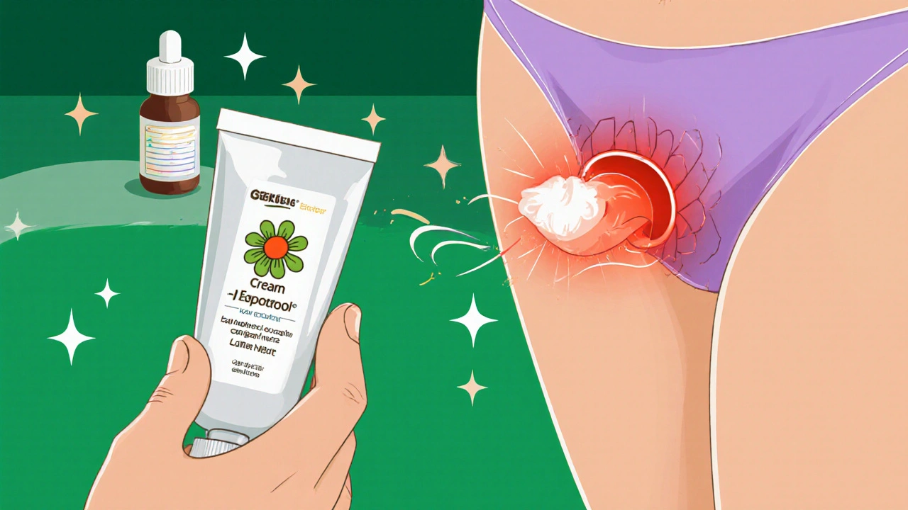 Cartoon cream tube and hand applying bioidentical estradiol to a simplified vaginal illustration.