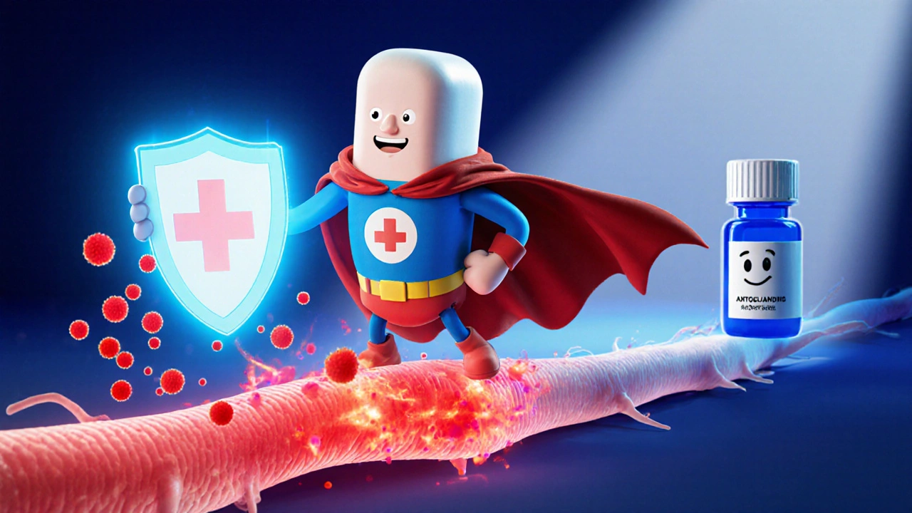 Cartoon ibuprofen tablet superhero deflects red inflammation on a nerve.
