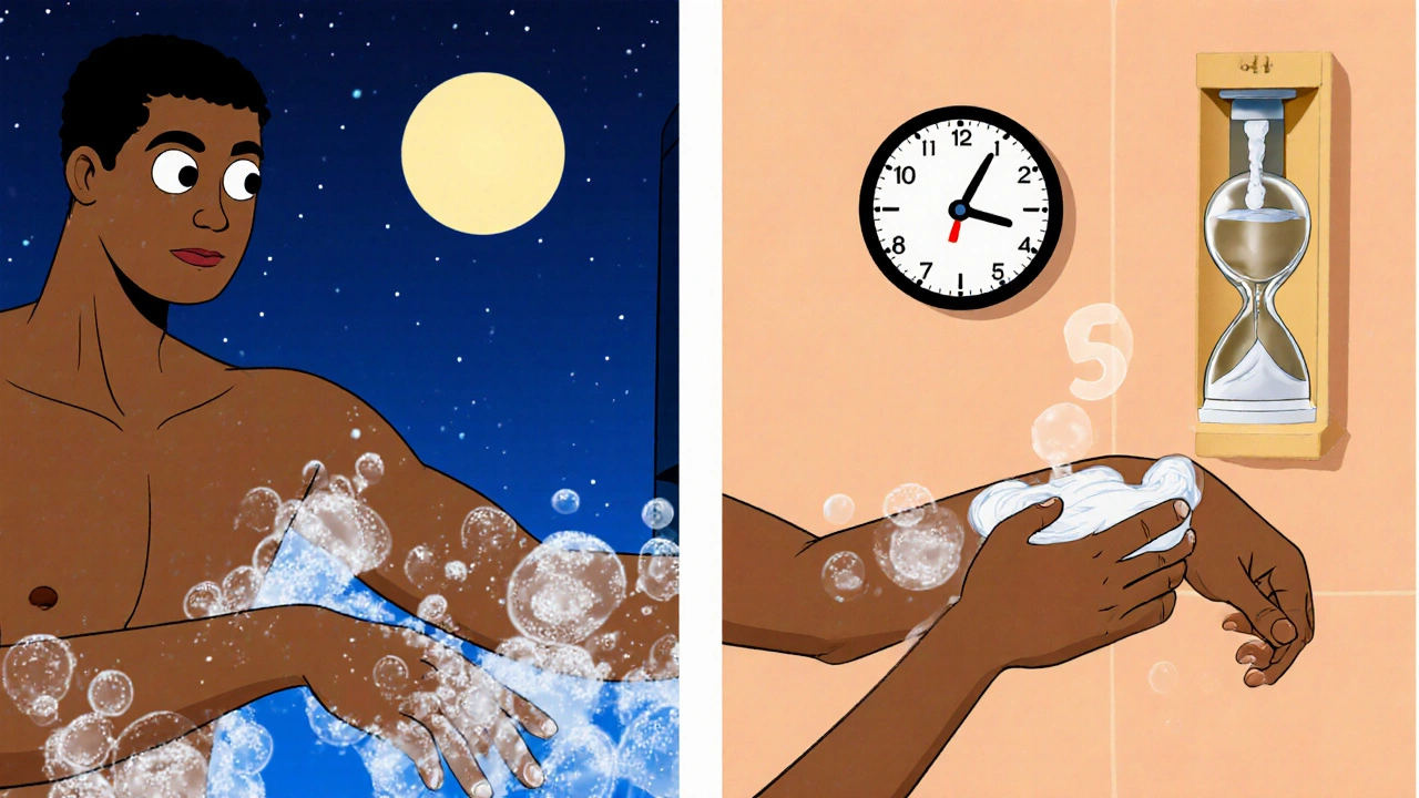 Cartoon person washing and applying calcipotriol cream at night with a clock showing 9 pm.