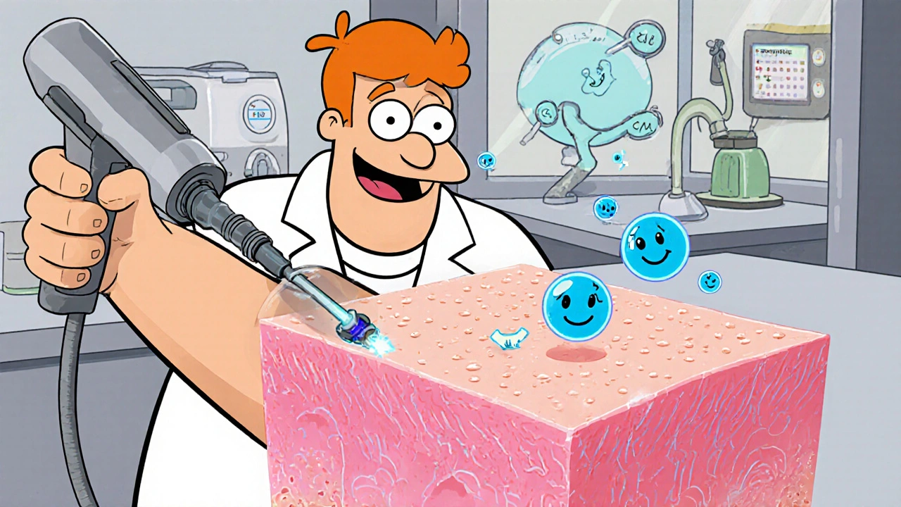 Cartoon scientist uses a laser to deliver glowing nanoparticle carriers of methoxsalen into skin.