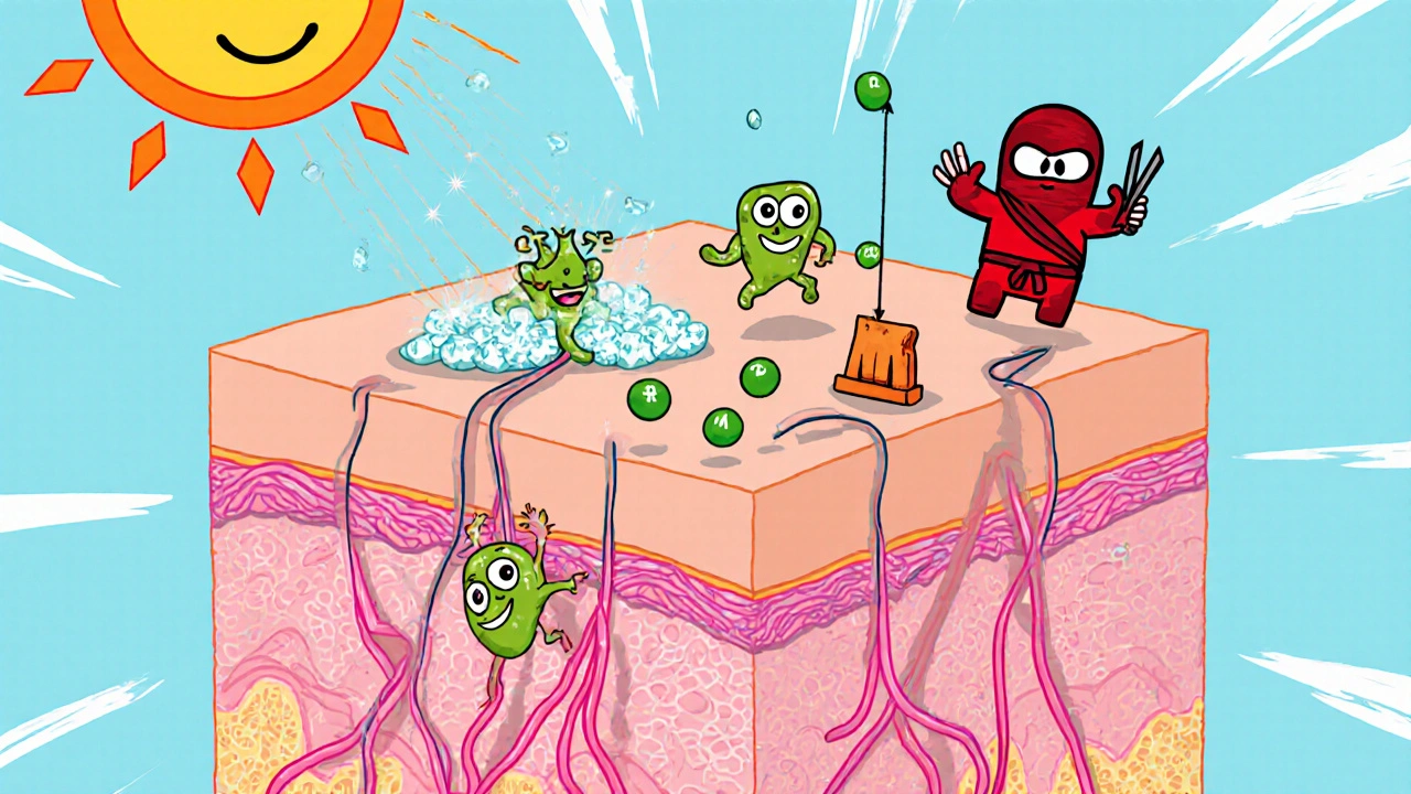 Cartoon skin cross‑section with UV rays, methoxsalen, fibroblasts, collagen, TGF‑β and MMP icons.