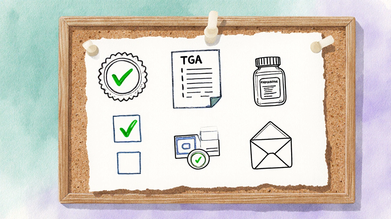 Checklist on corkboard with icons for license, prescription, medication, shipping, payment, and refund.