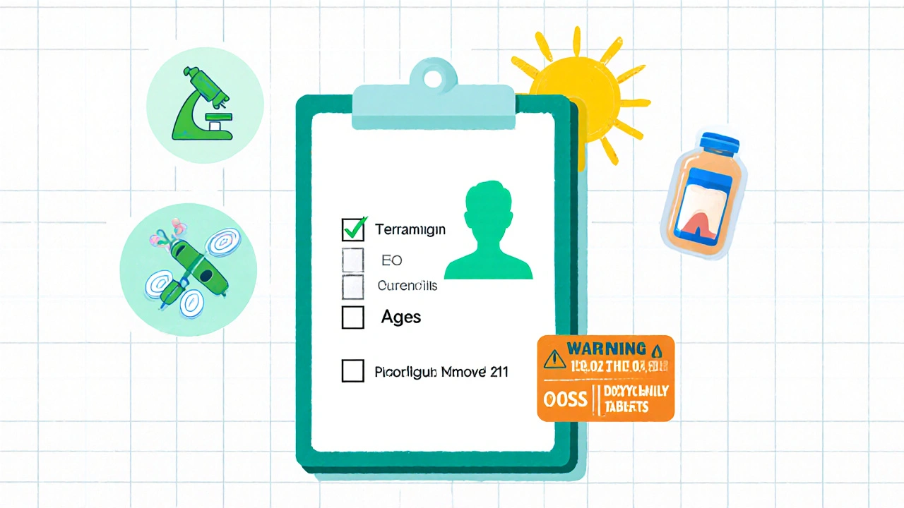 Clinician checklist showing pathogen ID, patient factors, and dosing schedules.