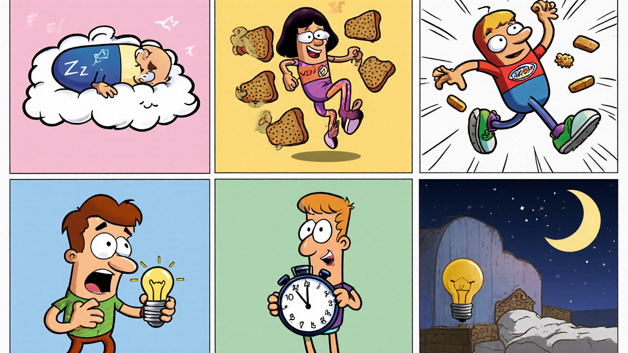 Comic strip panels showing pill characters illustrating each drug's main side effect.