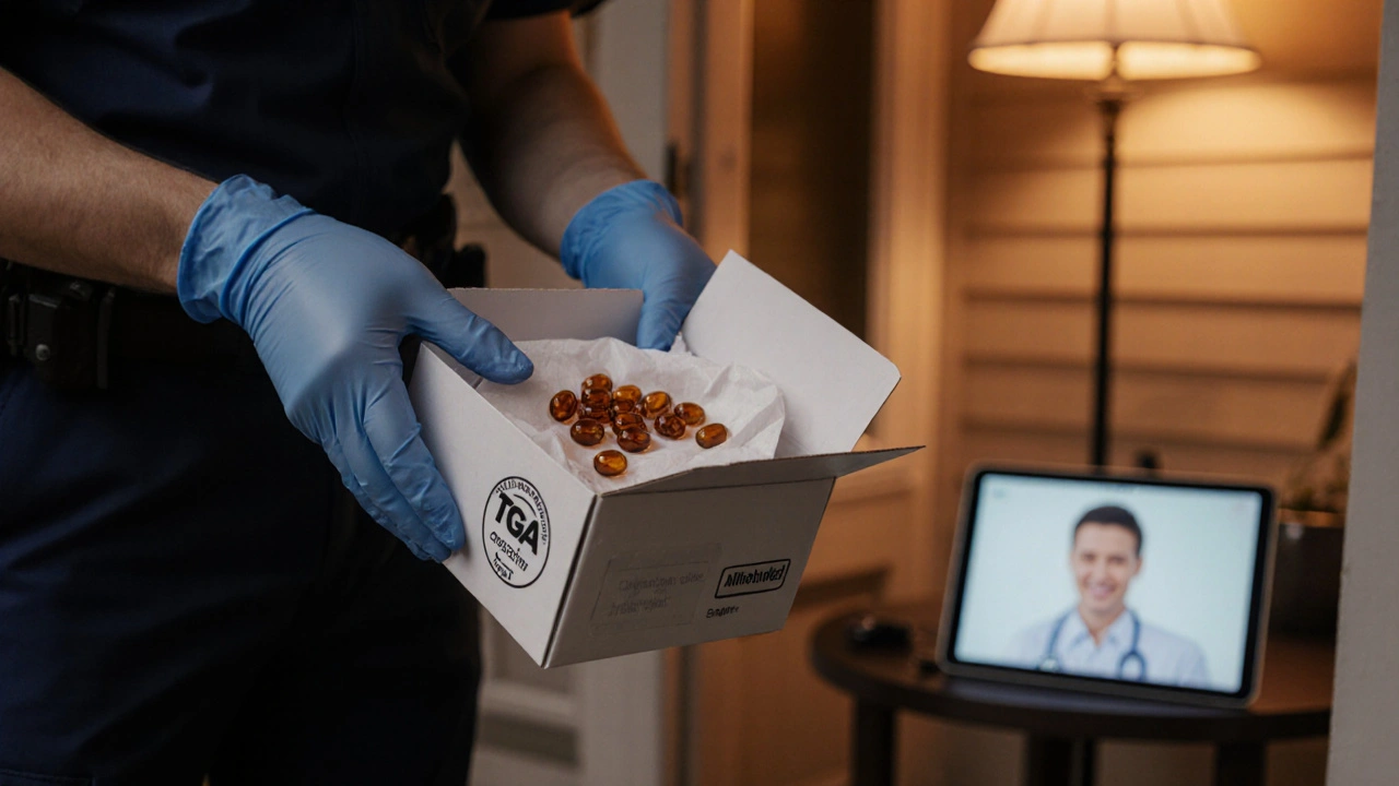 Delivery of a sealed parcel containing amoxicillin capsules beside a telehealth screen.