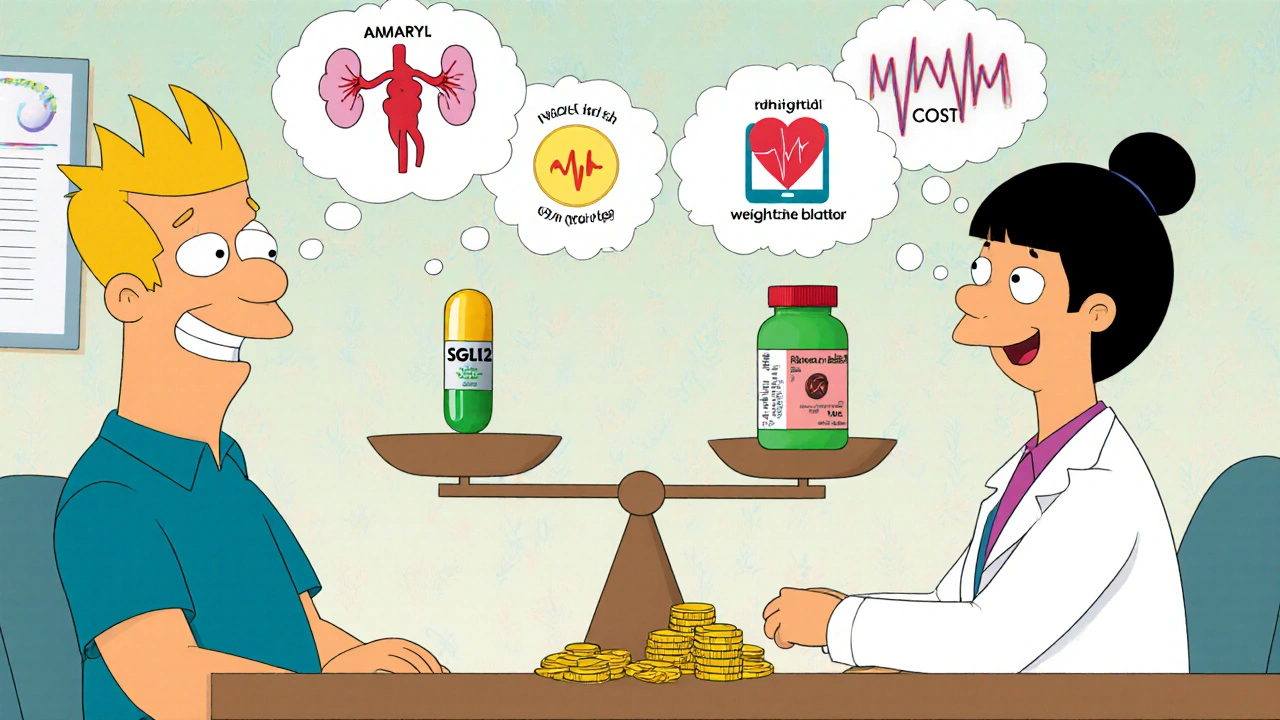 Doctor and patient looking at a balance scale comparing Amaryl with newer diabetes drugs, with decision‑factor icons.