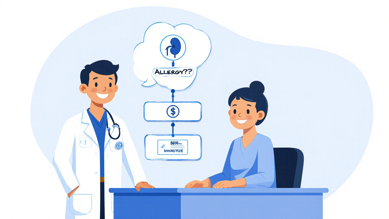 Doctor and patient with decision flowchart pointing to Vantin tablet.