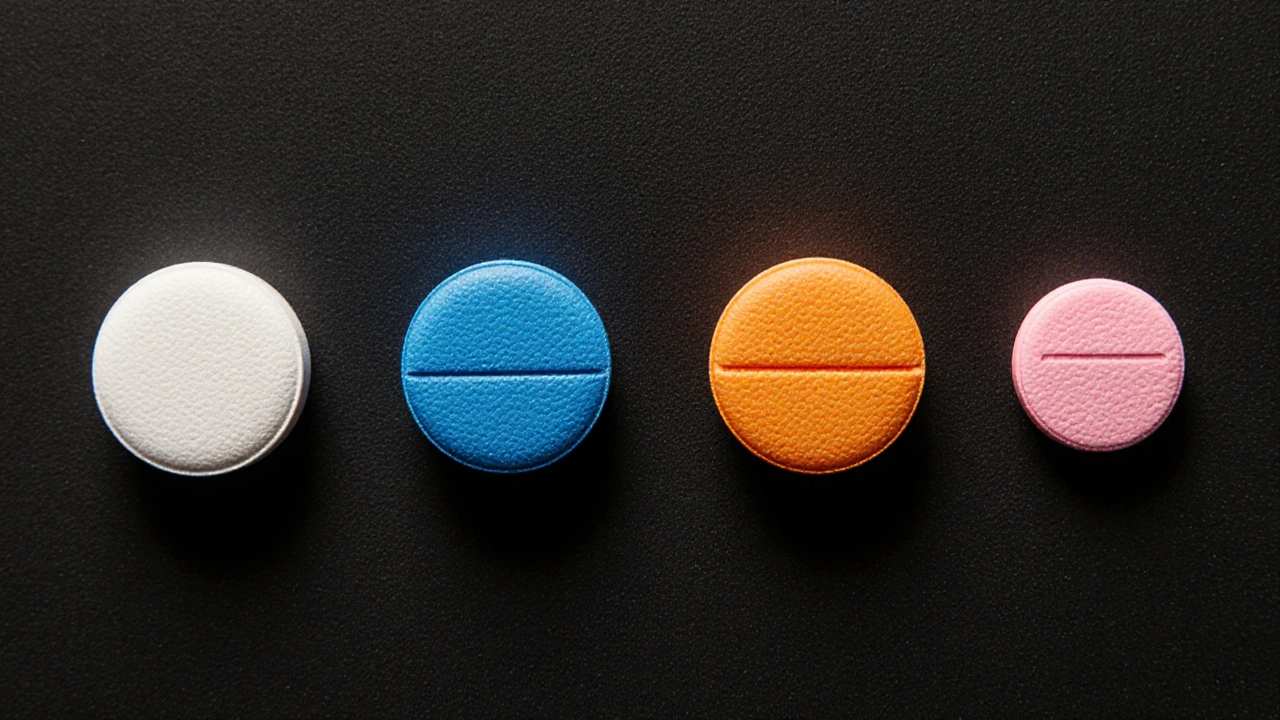 Flat lay of different erectile‑dysfunction pills arranged side by side on a dark background.