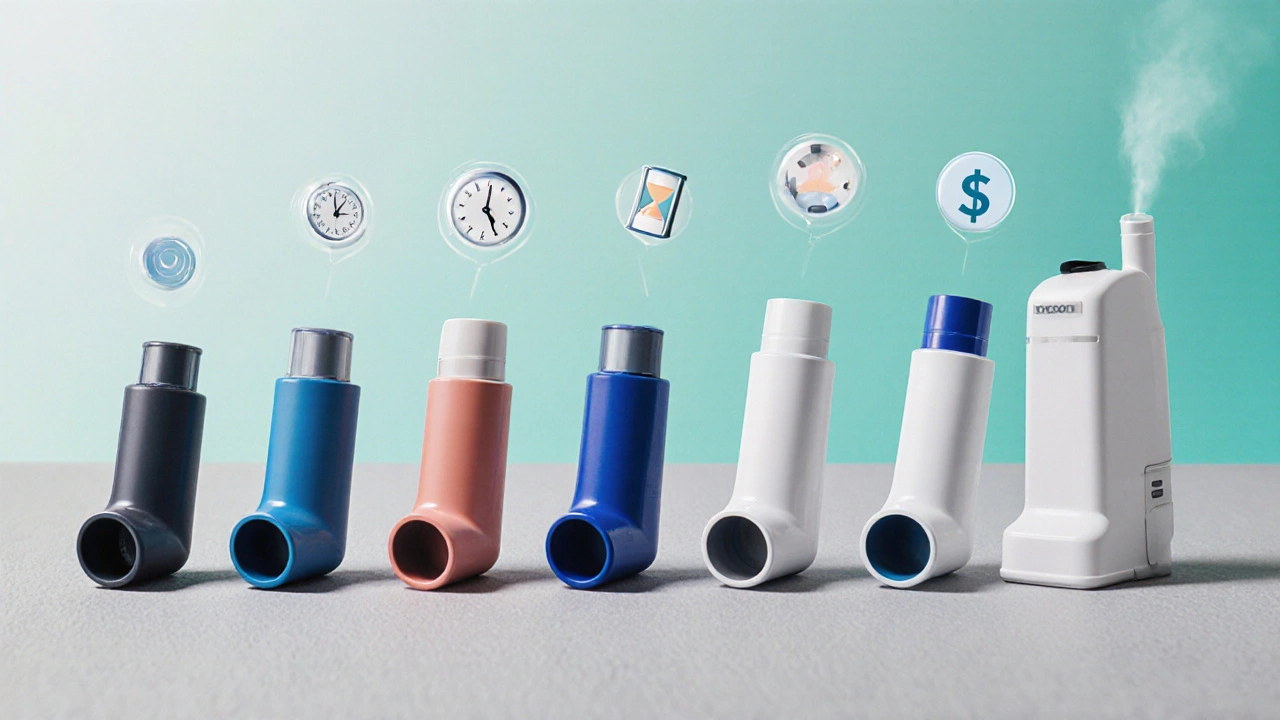Flat‑lay of six different inhalers with floating icons for speed, duration, and price.