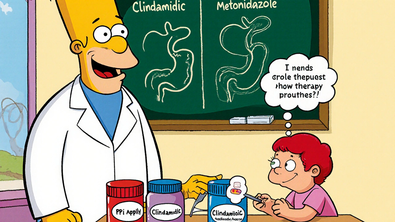 Friendly doctor showing pill bottles for a clindamycin regimen to a smiling patient.