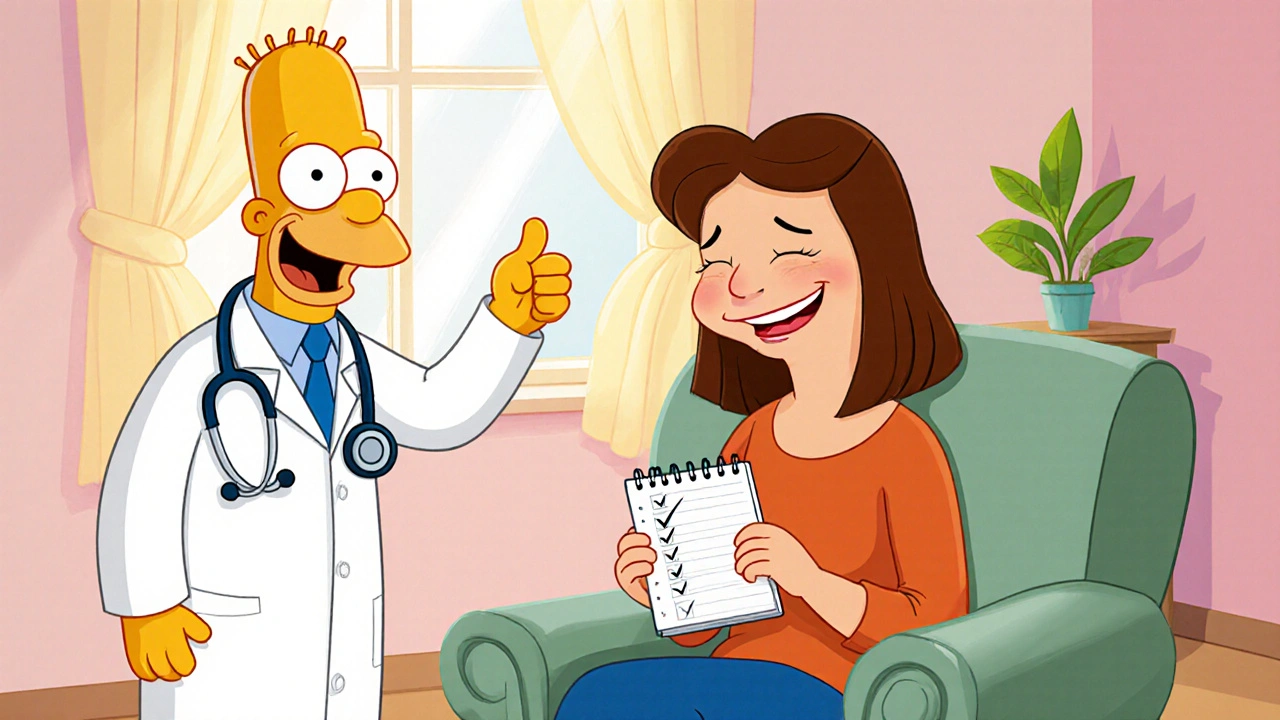 Happy woman with diary and doctor giving thumbs up, showing relief after treatment.