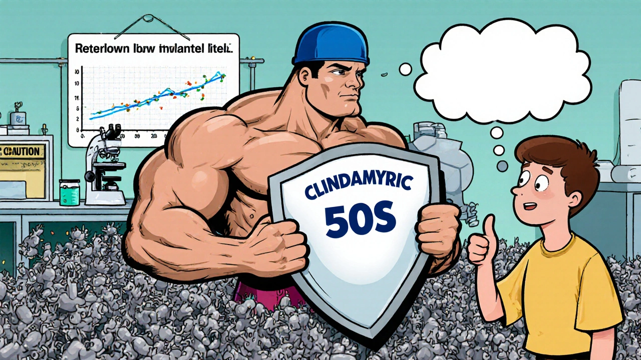 Heroic Clindamycin tablet fighting resistant bacteria, patient giving thumbs‑up.
