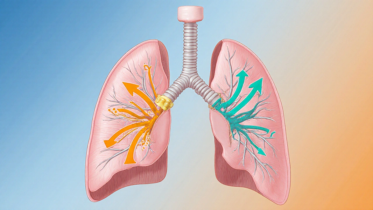 Illustration of bronchi showing levosalbutamol relaxing muscles and ipratropium blocking constriction.