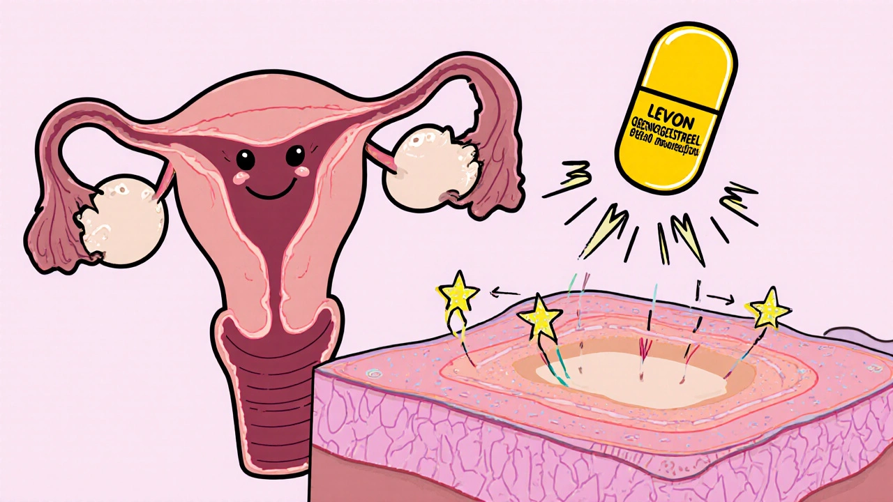 Illustration of levonorgestrel blocking an egg and thickening cervical mucus in a cartoon uterus.