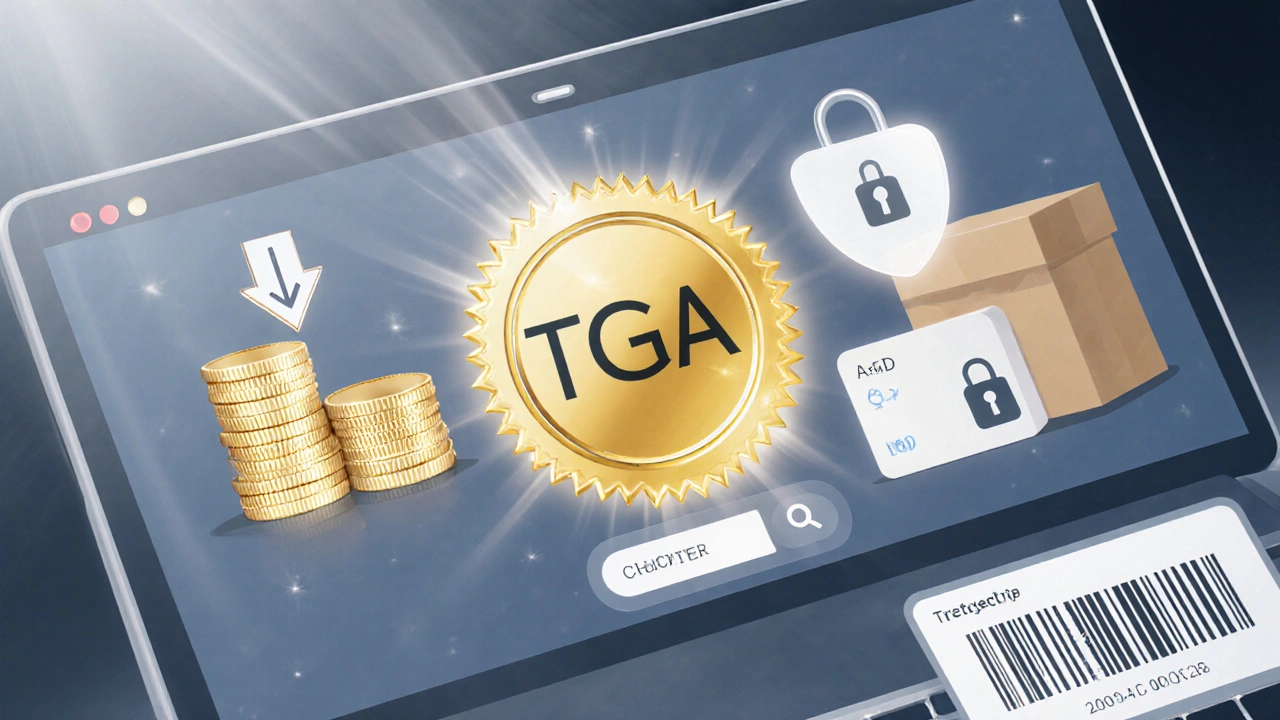 Laptop screen showing a golden TGA seal, price icon, credit card, and a shipping box with tracking.