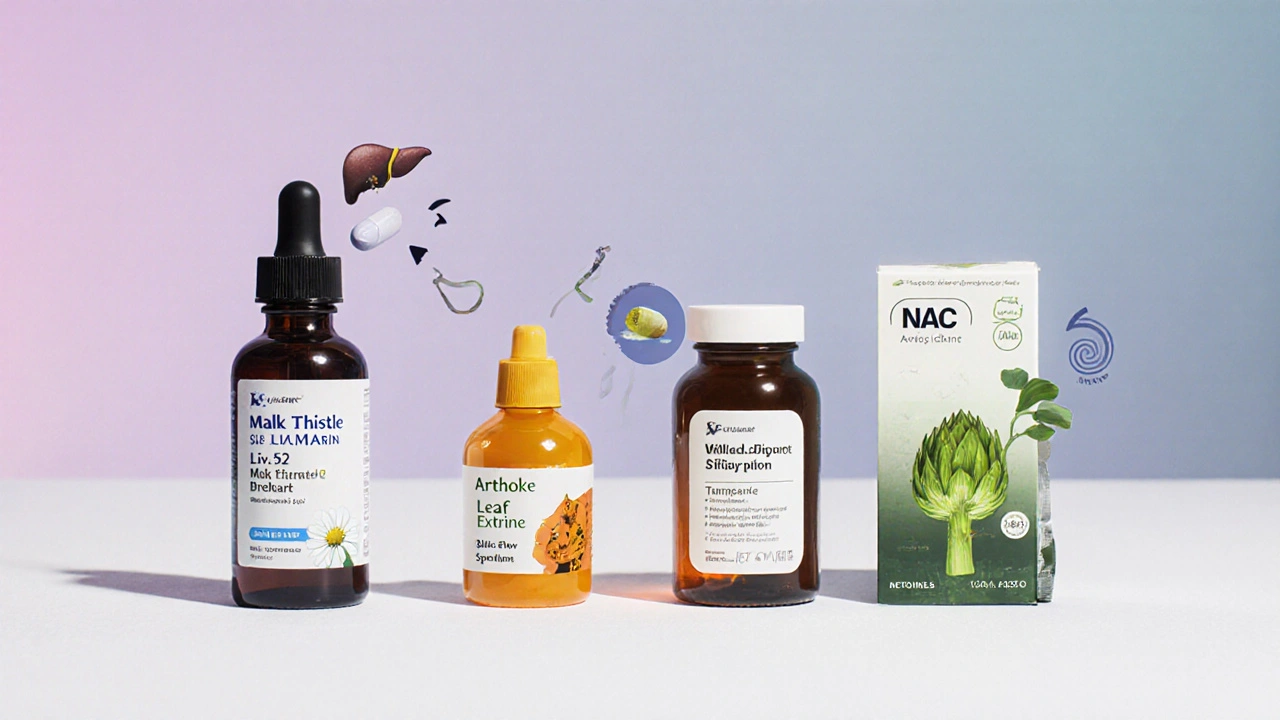 Lineup of liver‑support supplements: drops, milk thistle, turmeric, artichoke, NAC.