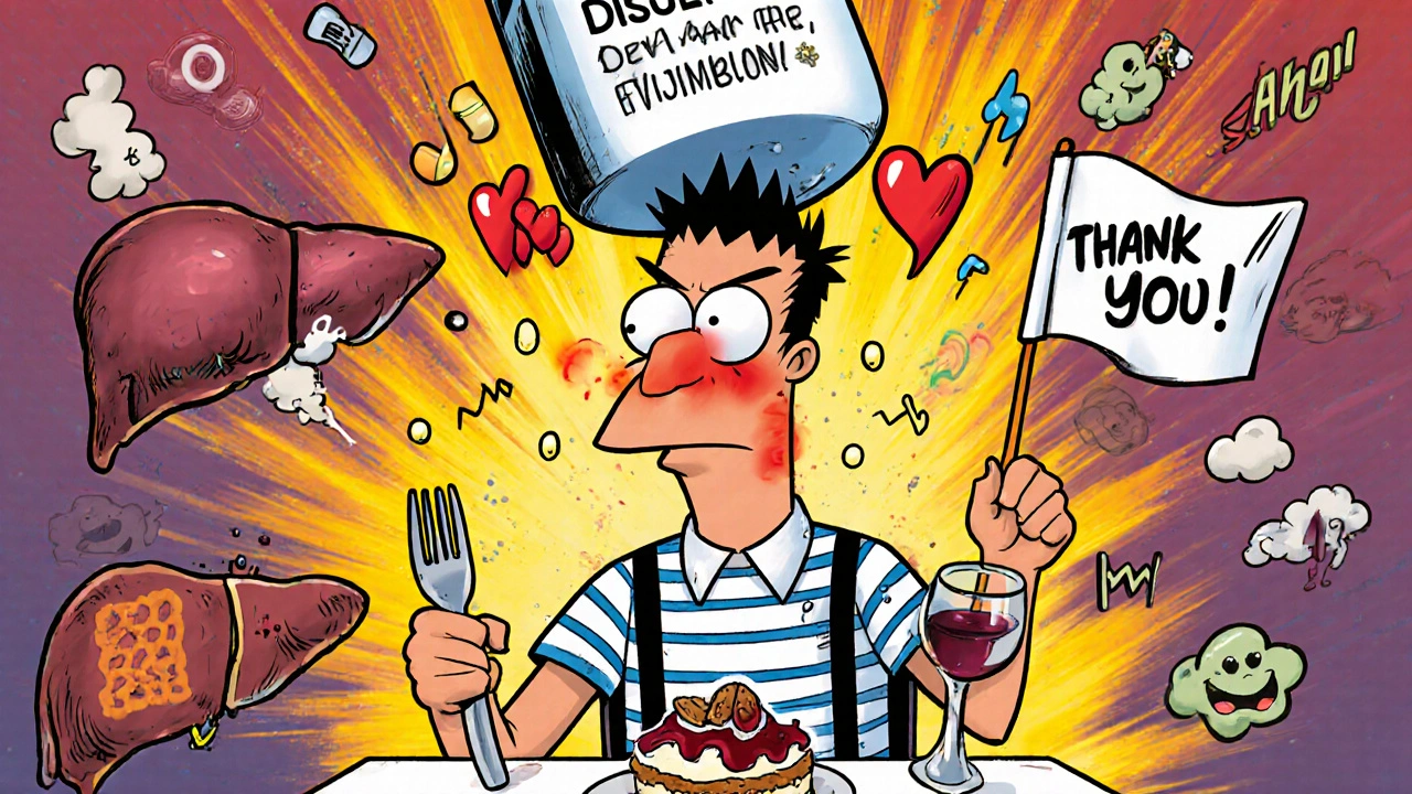 Man about to eat wine dessert as a giant disulfiram pill triggers a cartoon reaction.