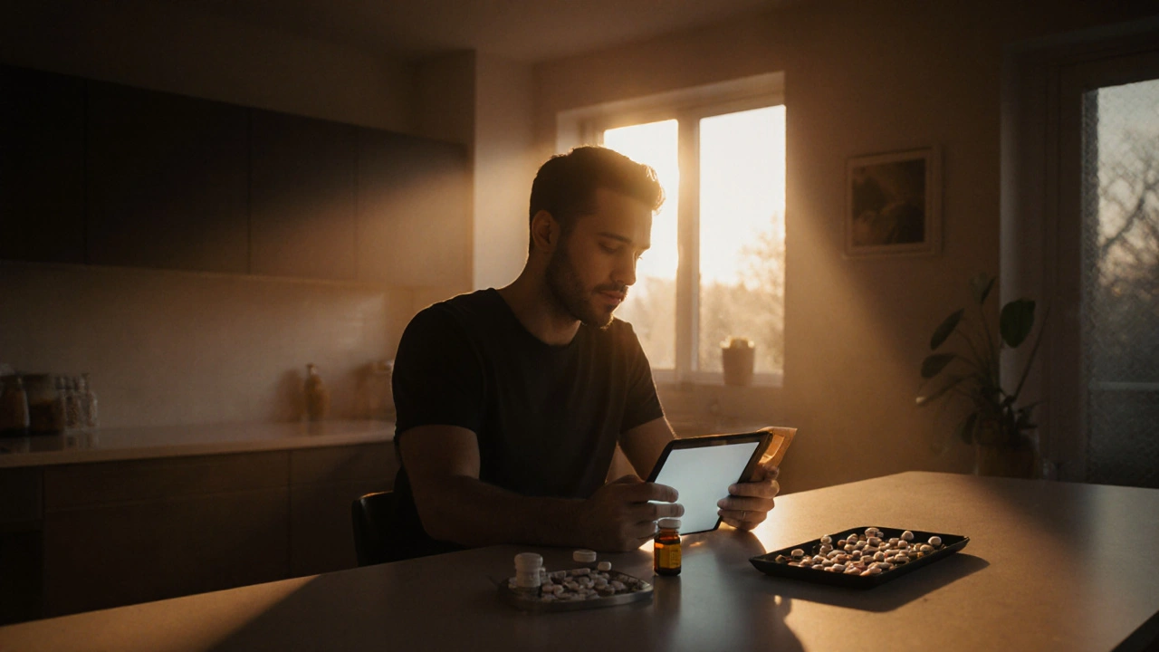 Man at a kitchen table thinking about pills and a tablet in warm evening light.