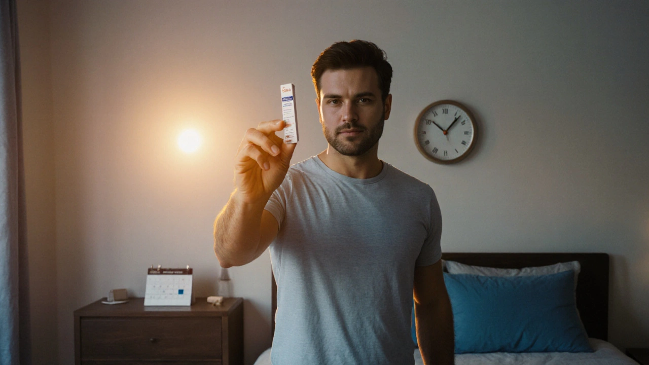 Man holding an Abhigra tablet in morning light, implying quick onset and short duration.
