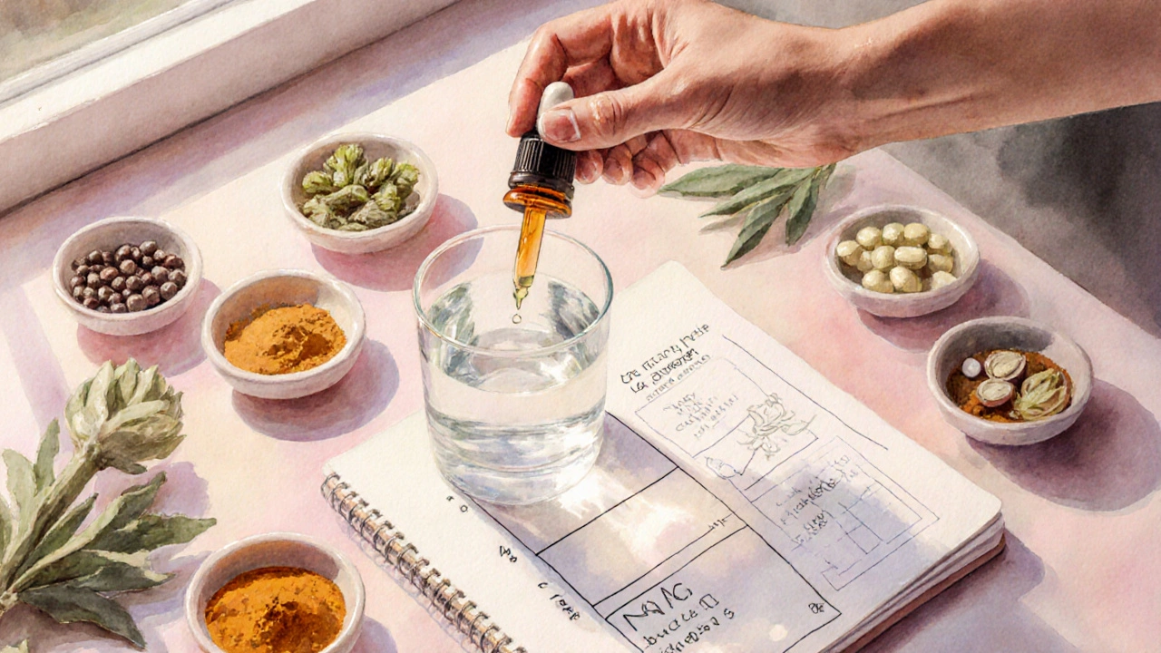 Morning kitchen scene with Liv.52 drops, supplement bowls, and a decision notebook.