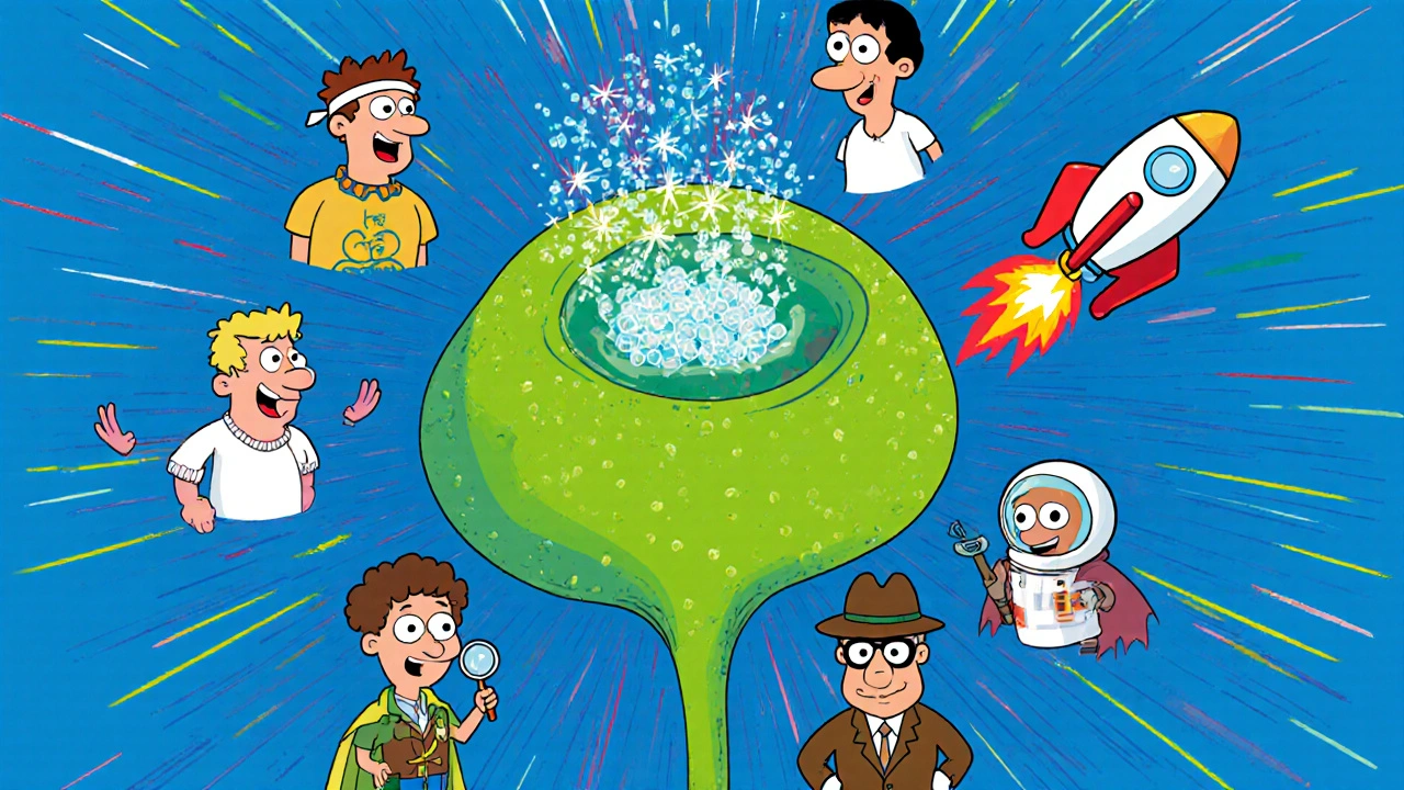 Pancreatic beta‑cell releasing insulin surrounded by cartoon drug characters representing different diabetes meds.