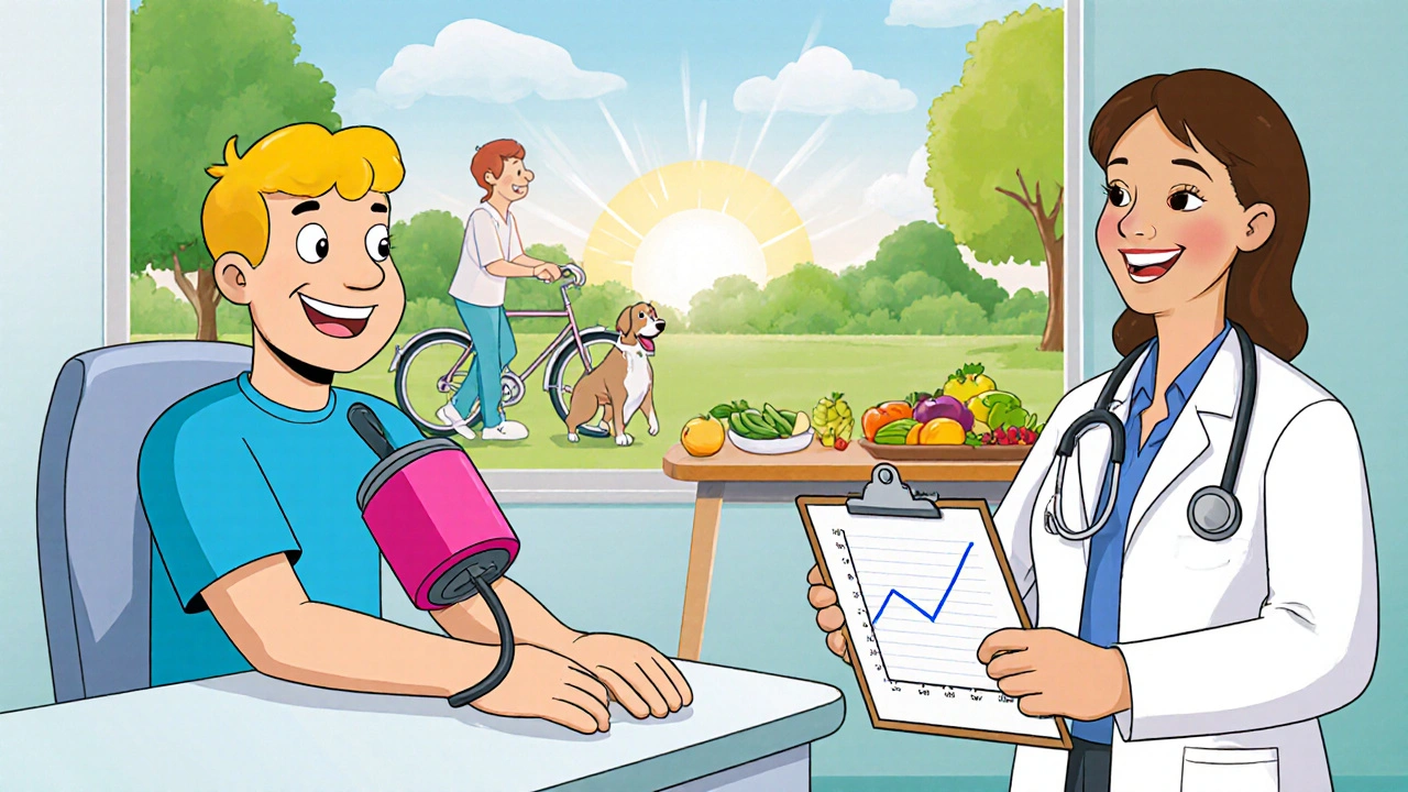 Patient gets blood pressure taken; doctor reviews chart; park scene shows healthy lifestyle.