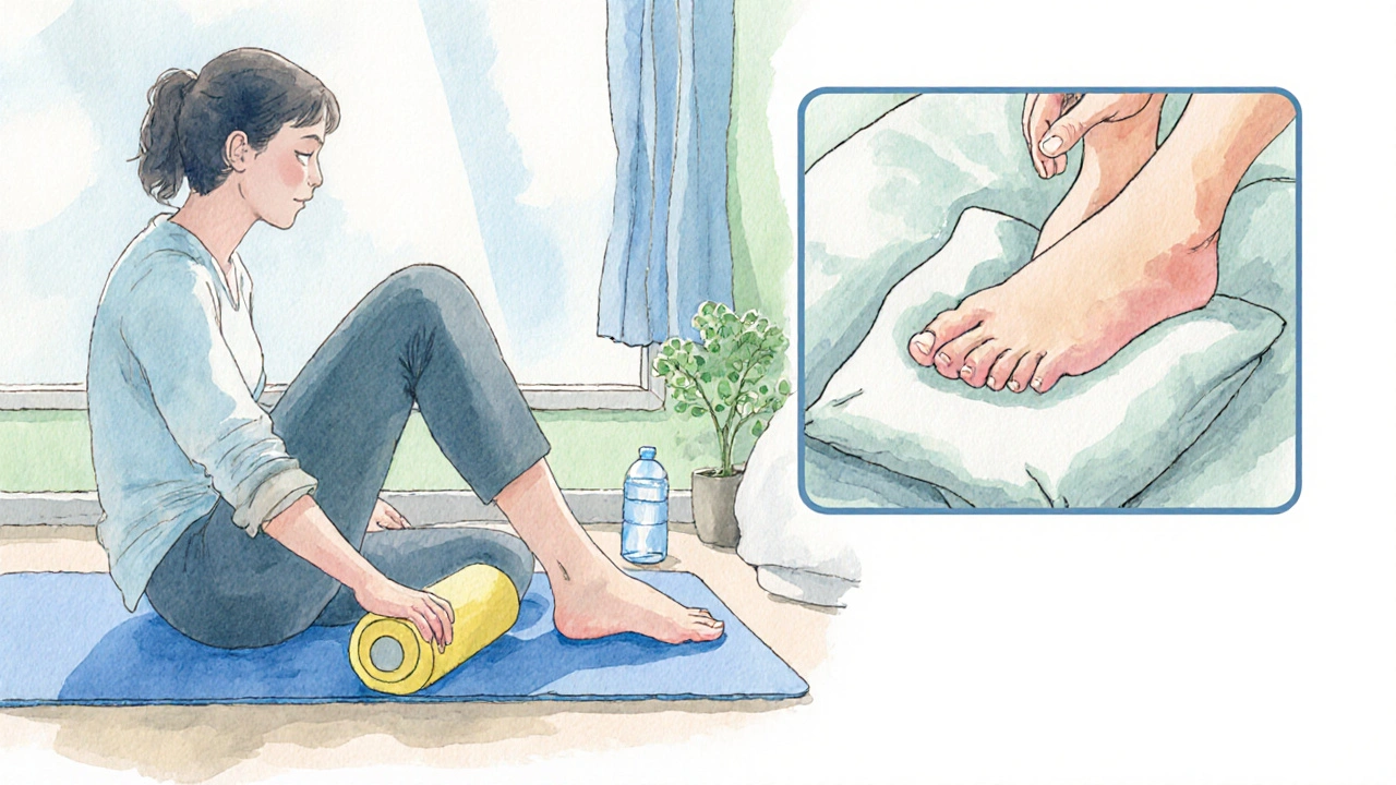 Person using a foam roller and leg elevation at home for edema relief.