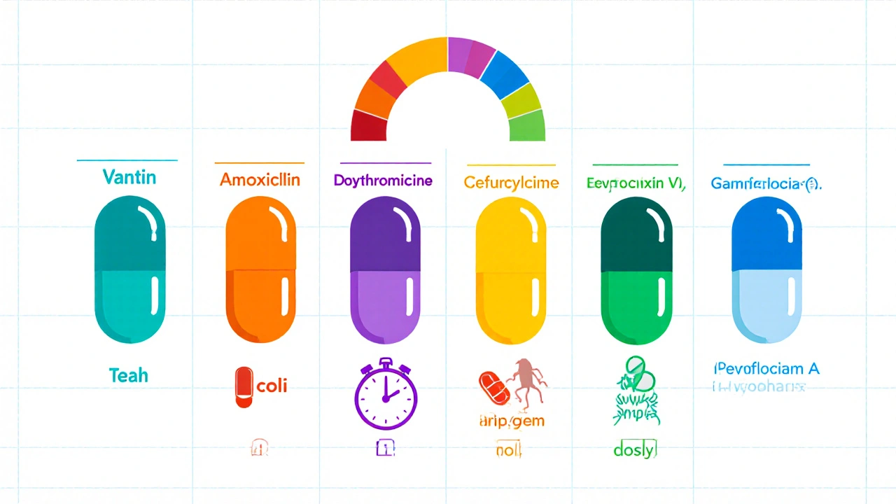 Row of seven pill icons with spectrum and dosing icons for each antibiotic.