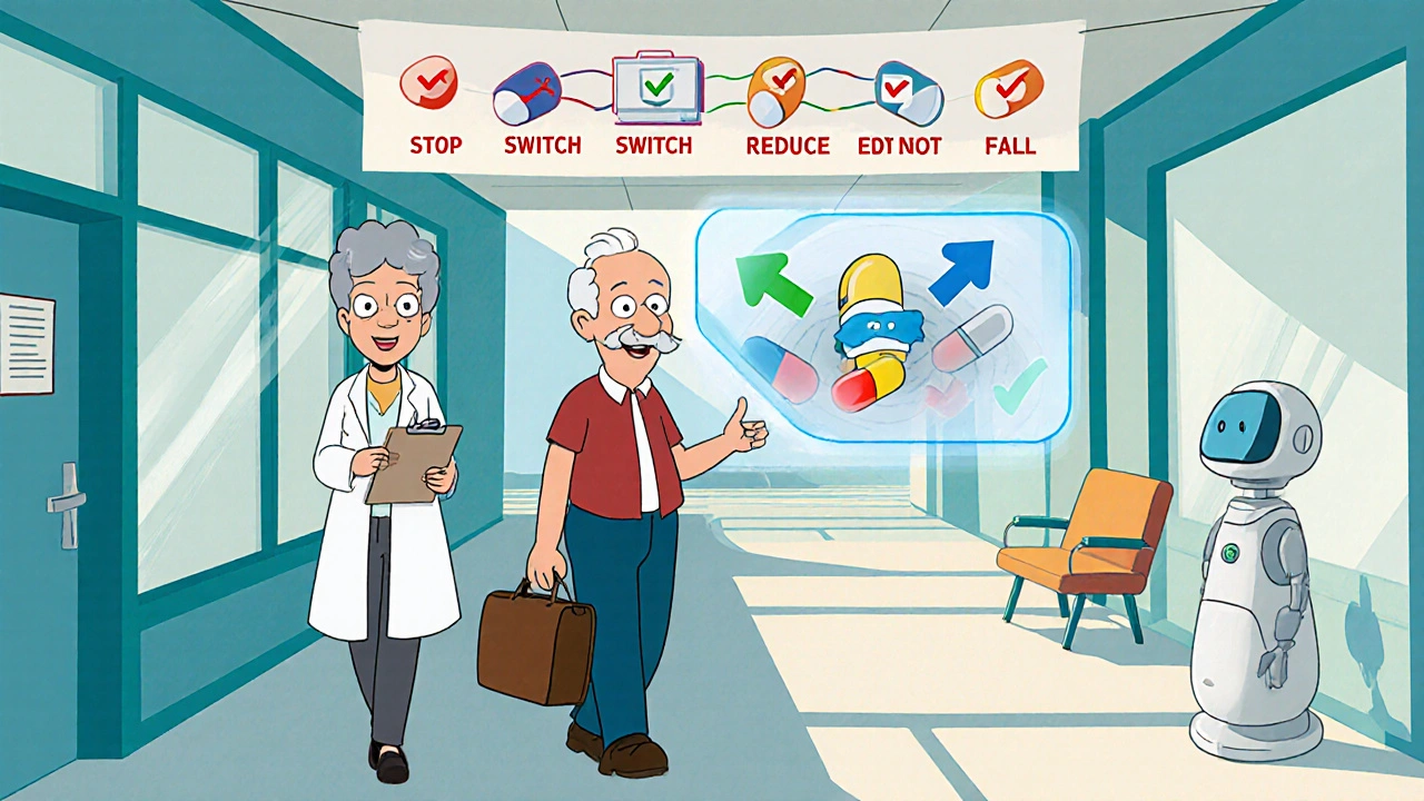 Senior walking happily with a pharmacist and AI interface, illustrating medication review steps.