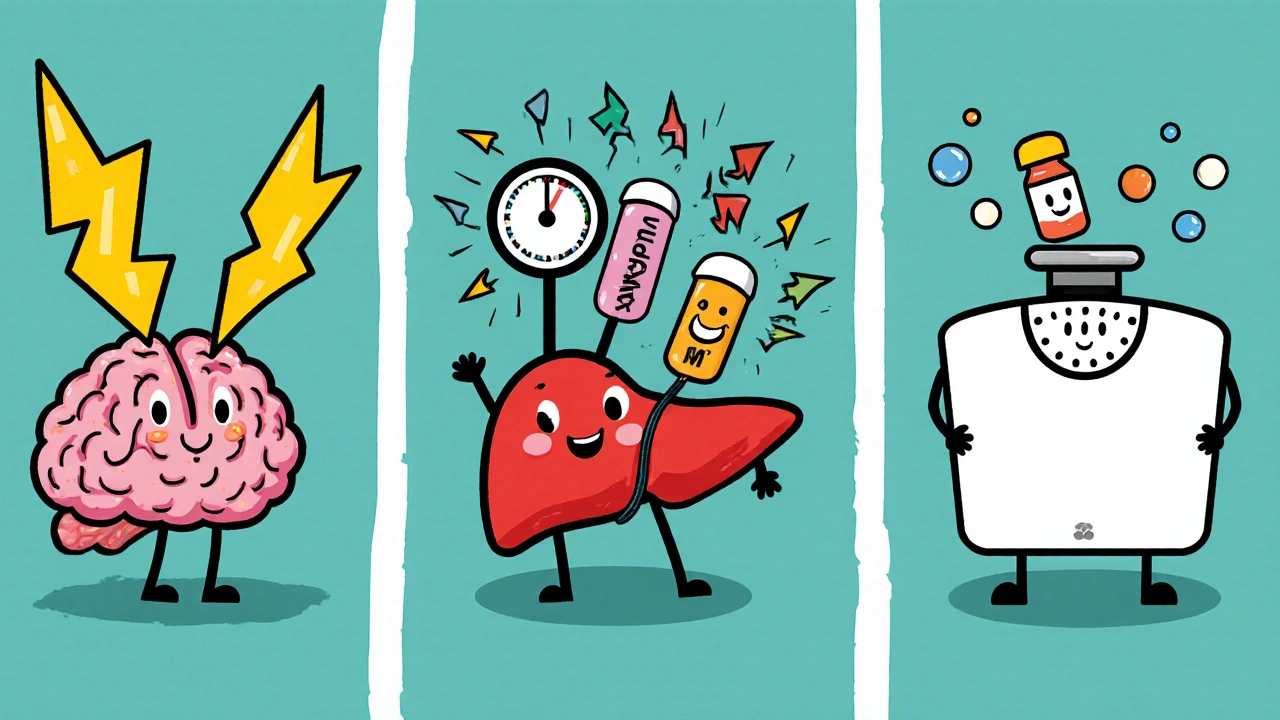 Split panel showing brain activation, liver enzyme effects, and weight gain influencing blood pressure.