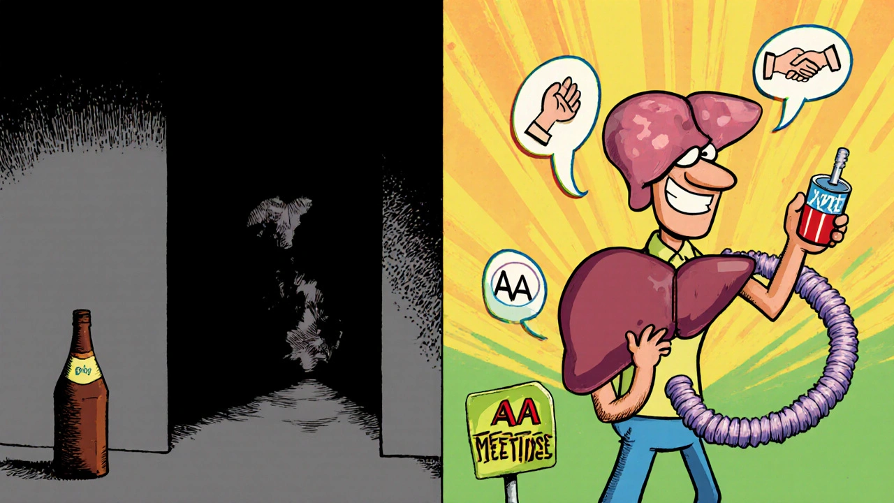 Split scene: unhealthy liver in darkness vs. healthy liver bouncing with support icons.