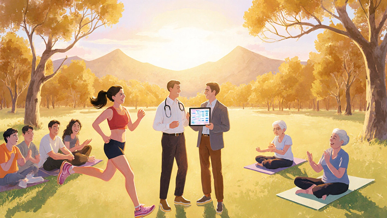 Sunrise park scene with patients jogging, discussing trials, and doing yoga.