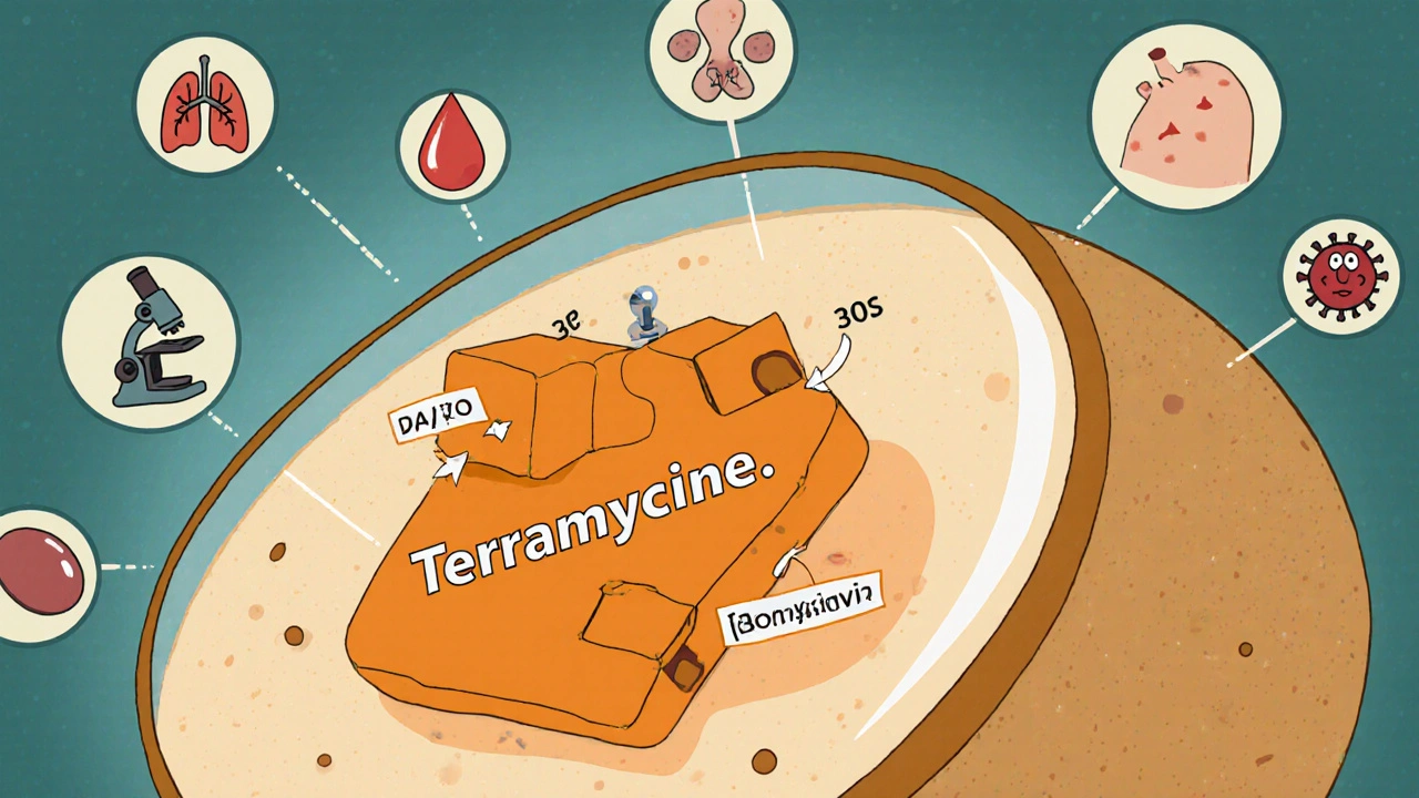 Terramycin molecule binding to bacterial ribosome 30S with icons for common infections.