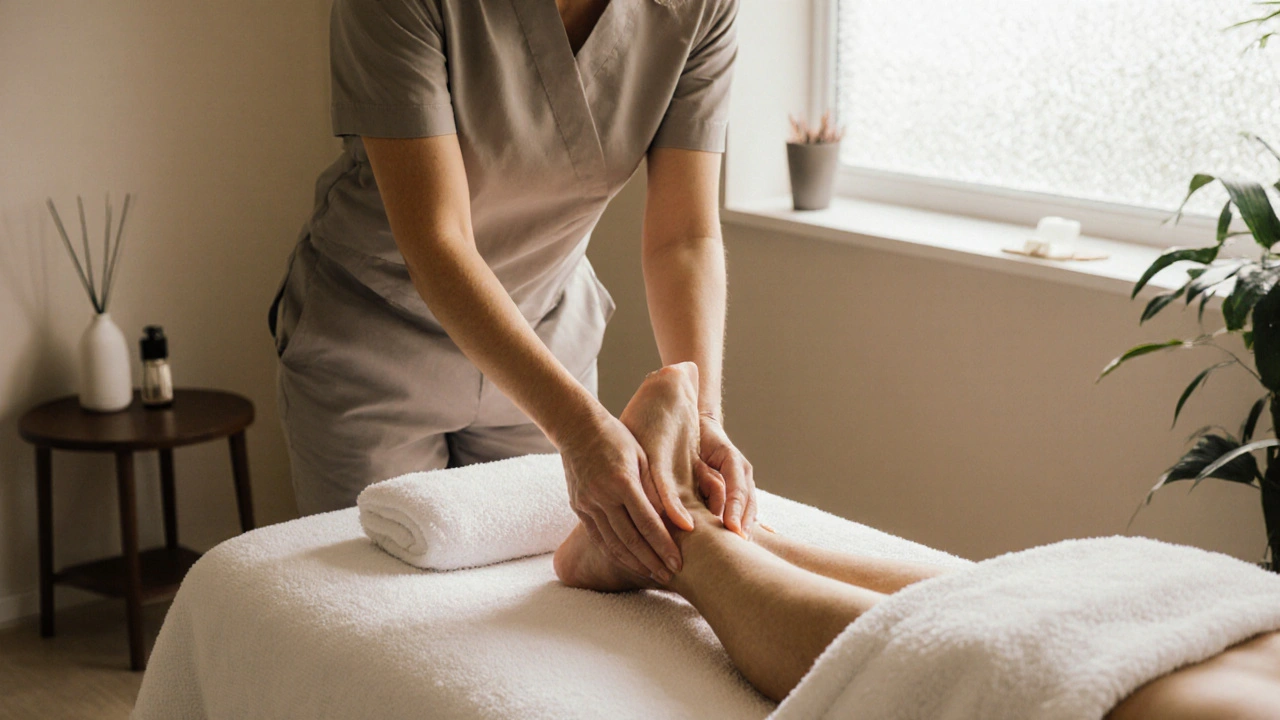 Therapist performing light lymphatic drainage on a client’s ankle in a soothing room.