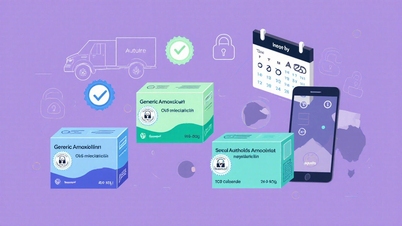 Three amoxicillin boxes with check marks and a phone showing secure payment icons.