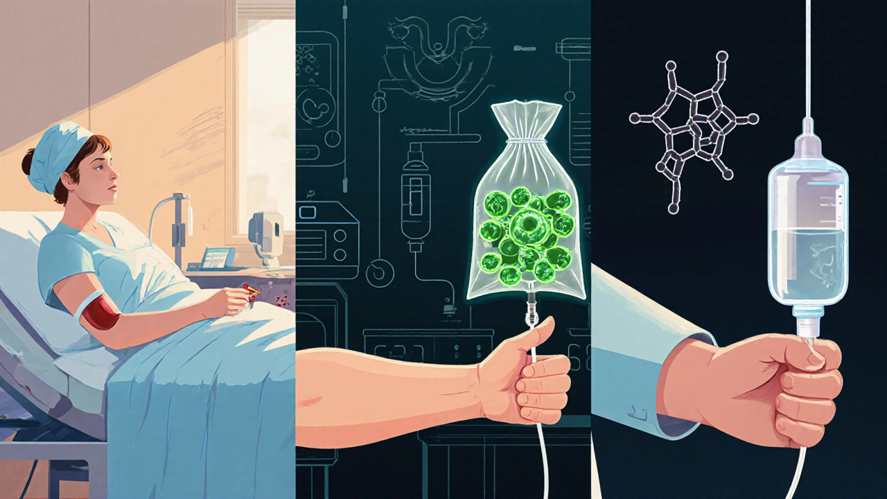 Three panels illustrating stem cell transplant, CAR‑T infusion, and proteasome inhibitor treatment.
