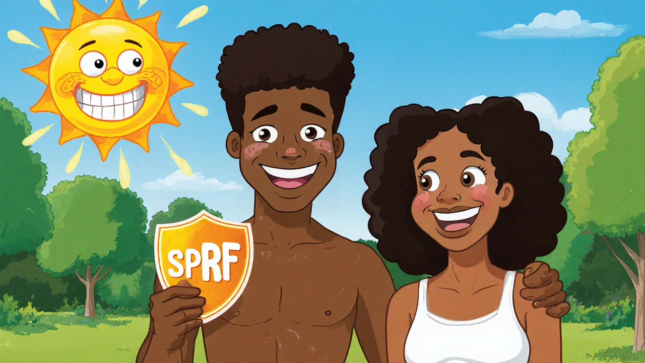 Two friends in a park, one with clear skin after calcipotriol, the other with hyperpigmentation, under a sunny SPF‑30 shield.