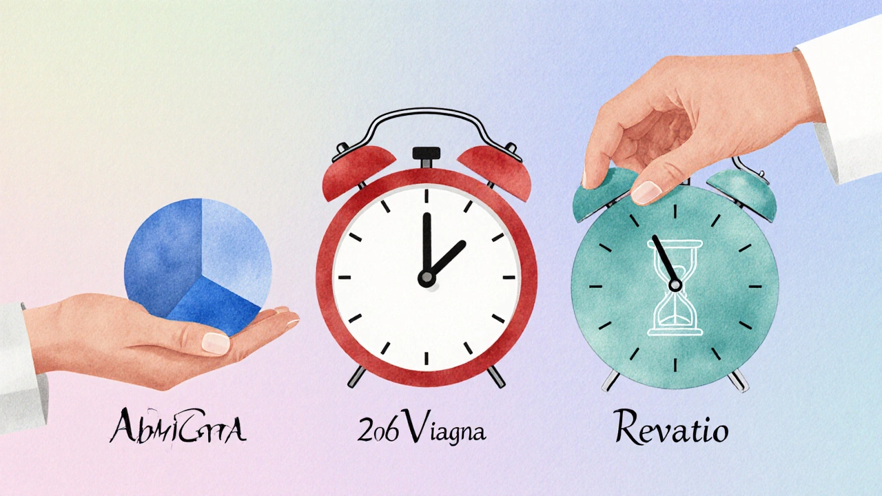 Watercolor illustration comparing three ED tablets with visual cues for onset and duration.