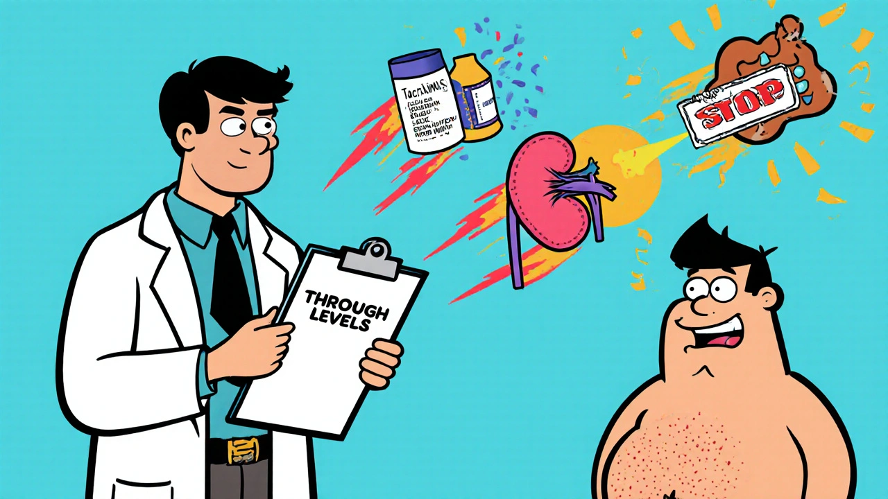 A doctor watches as three drug molecules act as superheroes to calm the immune system around a glowing kidney.