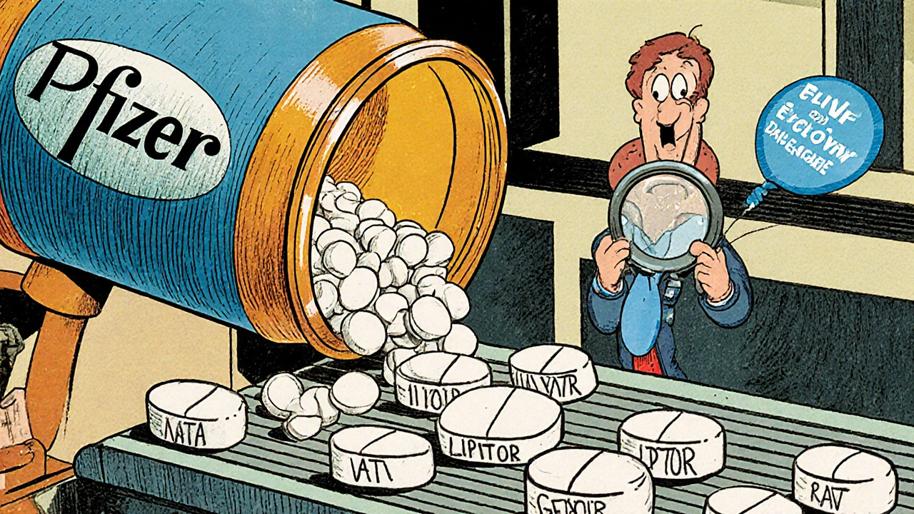 A factory conveyor belt produces pills with both brand and generic labels, illustrated in retro cartoon style with surprised generic company logo watching.
