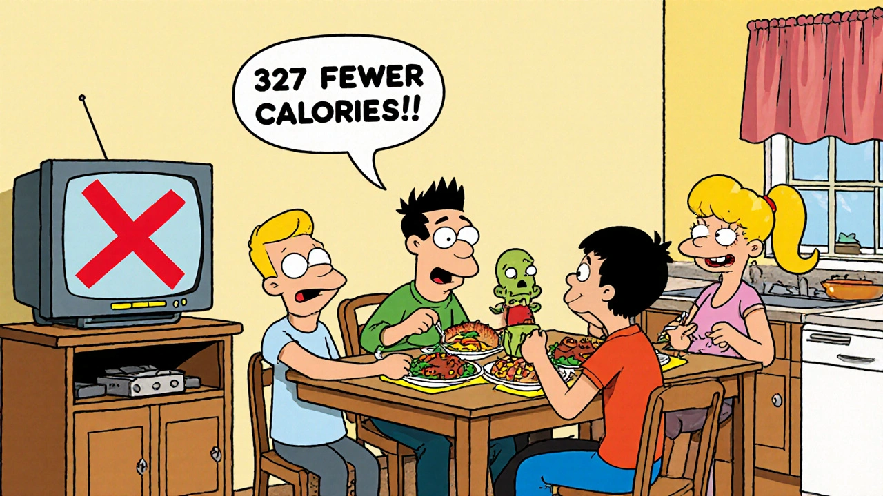 A family eating together at the table with no screens, while a TV with an X sits unused in the corner.