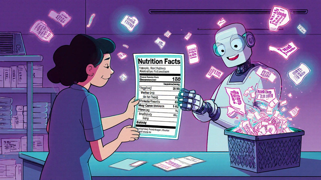 A futuristic pharmacist handing a patient a simple, icon-based medication label, while old confusing labels disappear.
