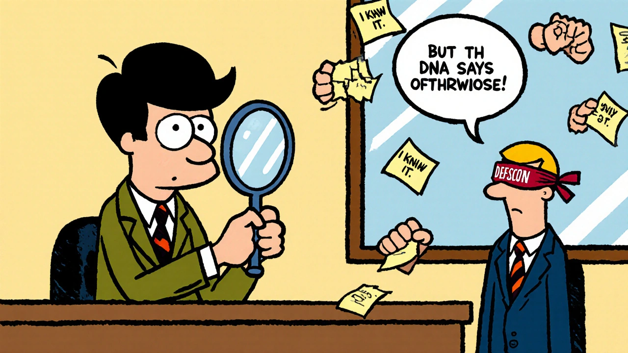 A juror magnifying only incriminating evidence in a cartoon courtroom, ignoring DNA proof.