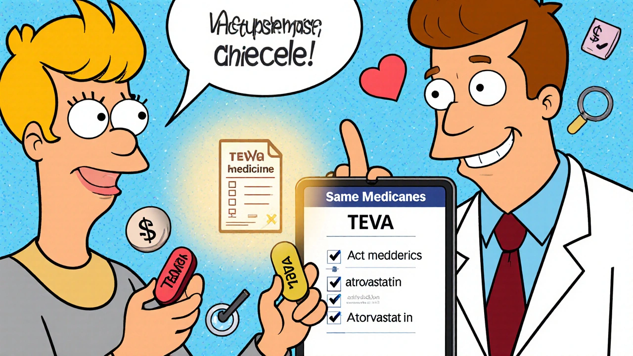 A patient compares two pills side by side as a doctor points to an FDA list confirming they&#039;re the same drug, in Hanna-Barbera cartoon style.