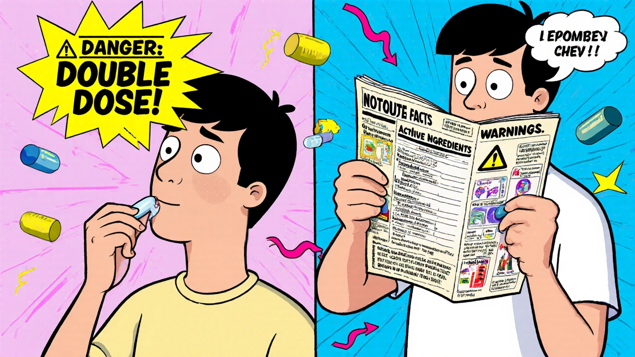 A person comparing a dangerous medication mistake to a clear, easy-to-read Drug Facts label in a playful split-screen cartoon.